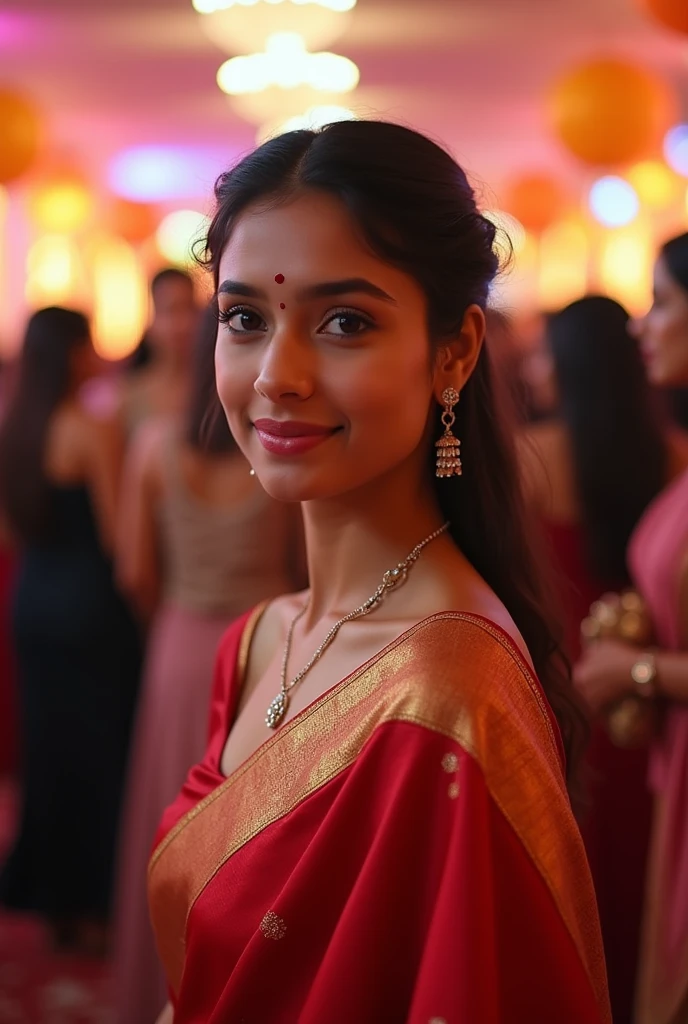 A girl in stylish saree wearing simple jewellery . Poses in the party