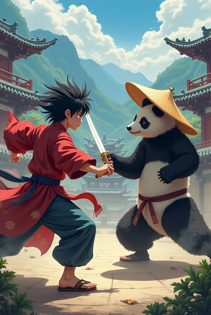 Three swords anime boy fighting with kngfu pandar wearing a straw hat in ring like china houses in mountain valley regionb