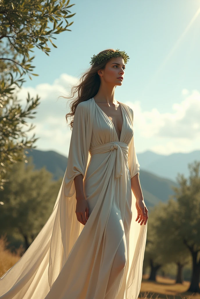 Create a photo of a Greek goddess with the power of peace and harmony, she will bring peace to your people