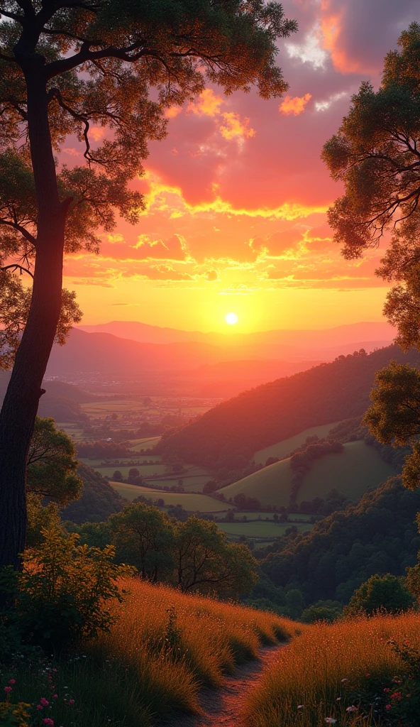 A beautiful sunset in the countryside with trees.
