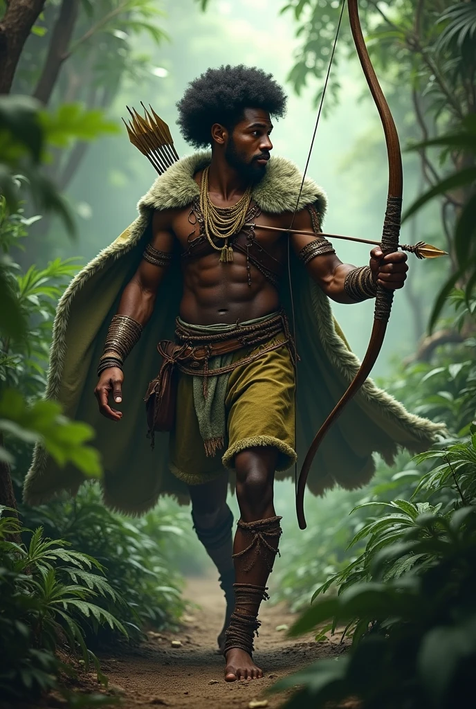 A young hunter, a man with black skin and a fat body, paunchy. Blackpower hair shaved on the sides. using magic bow and arrow to hunt, He uses a tiger skin as a cape and tribal clothes in green and white colors..