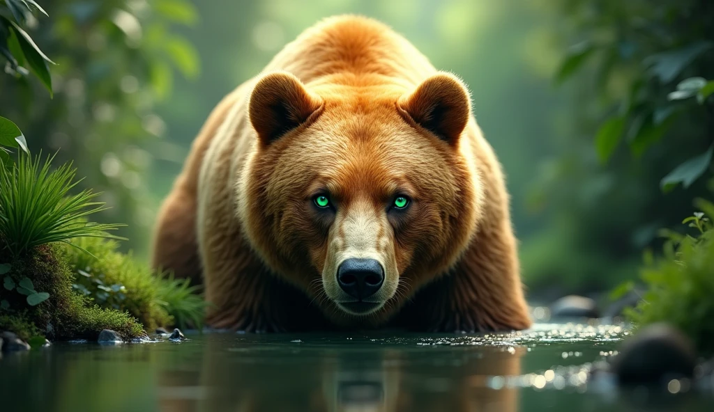 bear captured in a lush green jungle, the bear is in the middle of the photo, lively gaze, with a reflection of water. longing shot, head down and looking straight ahead, the bear's fur is a bright, with a lively gaze and striking big green eyes. The image is sharp and detailed, creating a sense of depth and focus on the bear, breathtaking images, high definition. (ultra realistic) extreme details, (best quality, 4k, 8k, high resolution, masterpiece: 1.5)