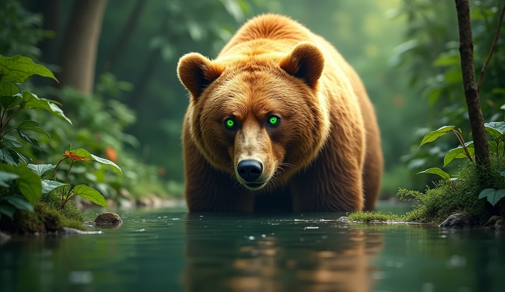 bear captured in a lush green jungle, the bear is in the middle of the photo, lively gaze, with a reflection of water. longing shot, head down and looking straight ahead, the bear's fur is a bright, with a lively gaze and striking big green eyes. The image is sharp and detailed, creating a sense of depth and focus on the bear, breathtaking images, high definition. (ultra realistic) extreme details, (best quality, 4k, 8k, high resolution, masterpiece: 1.5)