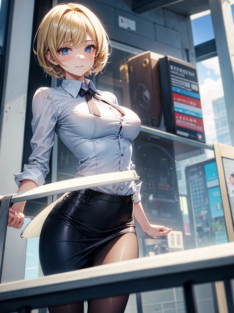 Anime style, super fine illustration, highly detailed, beautiful detailed, perfect detailed, super high quality image, static representation, gentle expression, happy expression, the pretty image, super stylish, 8k, beautiful face, handsome face, perfect 1girl with blonde straight short hair & blue eyes & a bright smile & full bust & soft fair skin is a career woman supervisor who is not to show her skin wearing big light blue business shirt & black summer tailored jacket & black tight skirt & black pantyhose on the urban business buildings street, in the morning, solo, perfect fingers, no more fingers, no less fingers, perfect arms, no more arms, perfect legs, no more legs, no more hair, masterpiece.