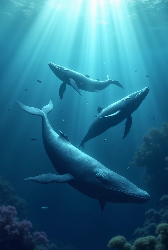 Imagine a serene and immersive underwater scene, with a deep blue background and softly illuminated by sunbeams that penetrate the water. At the center, two majestic blue whales swim gracefully. Their bodies are huge and elongated, covered by a bluish, textured skin with lighter spots. The water around them is crystal clear, with bubbles and small suspended particles that reflect light. in background whith, you can see some indistinct shapes of smaller fish and perhaps a distant coral reef, adding a touch of color and life to the underwater environment.