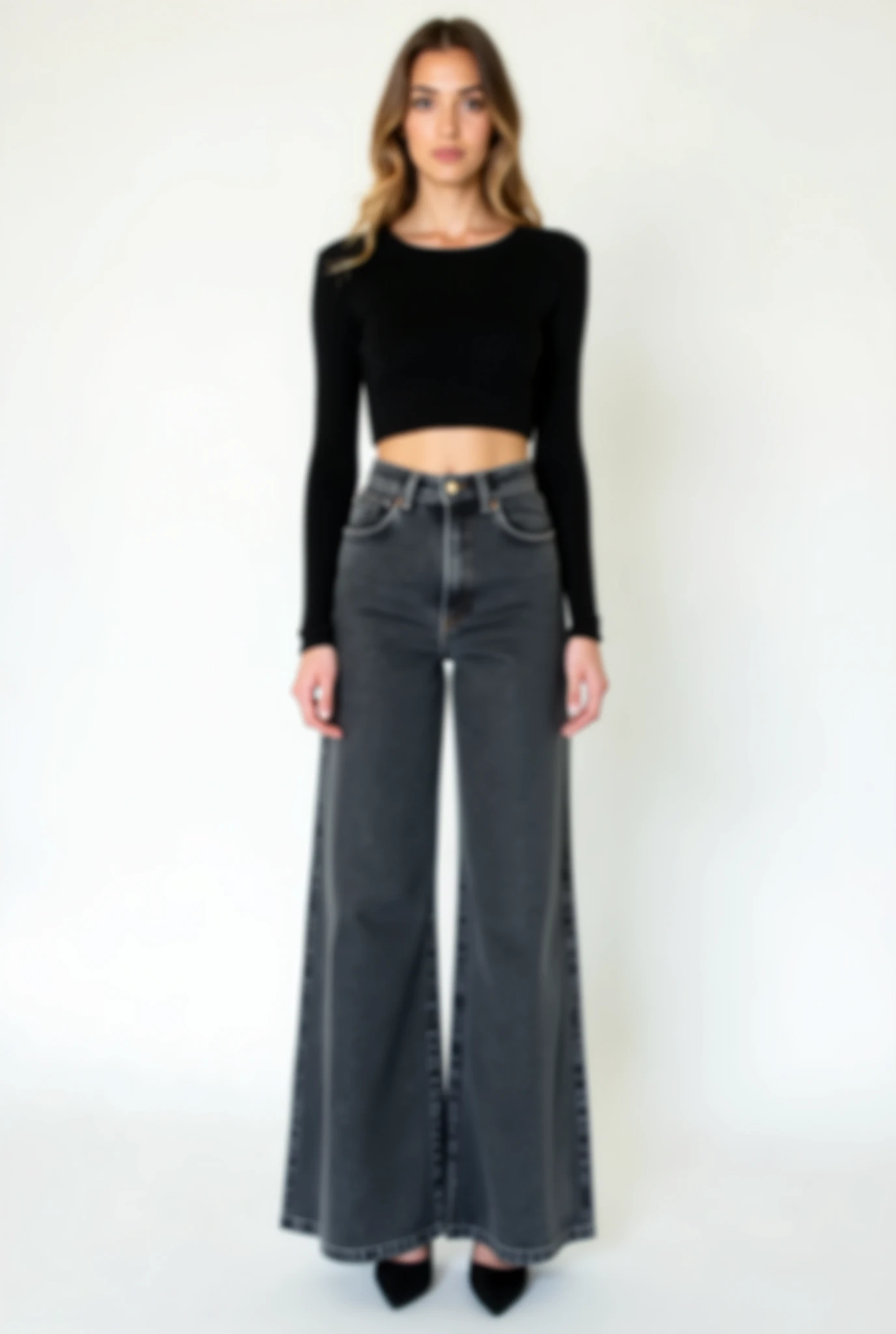 clothes, black top and wide high-waisted jeans on a white background stands straight and has trained hands, without a model and everything is clearly visible