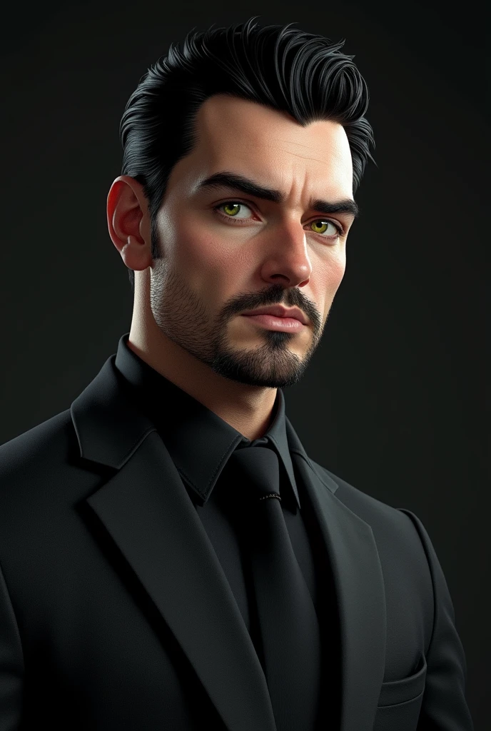 Make to me a men, caucasian,spoiled, black hair, age 22, eyes green-wellow, with a black suit, a little overweight and with a goatee. The man face must tu be similar to a cat. Query topic: Just the man.