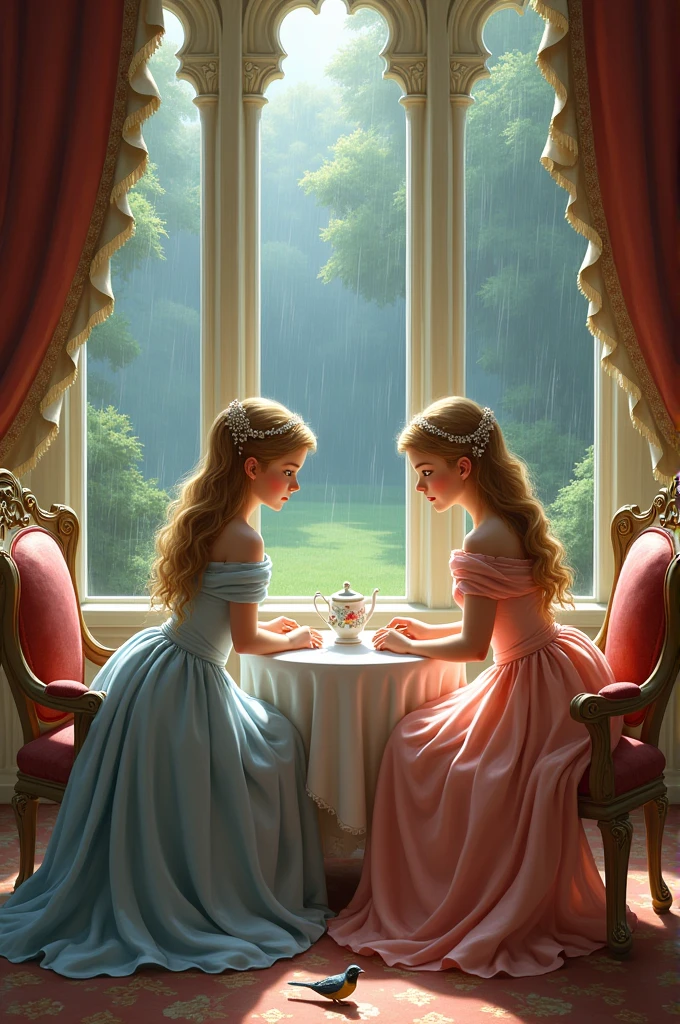 Two princesses in the castle The unexpected rain The tea set inside the castle The discovery of the fallen bird The happy ending with the bird flying away and the rain stopping