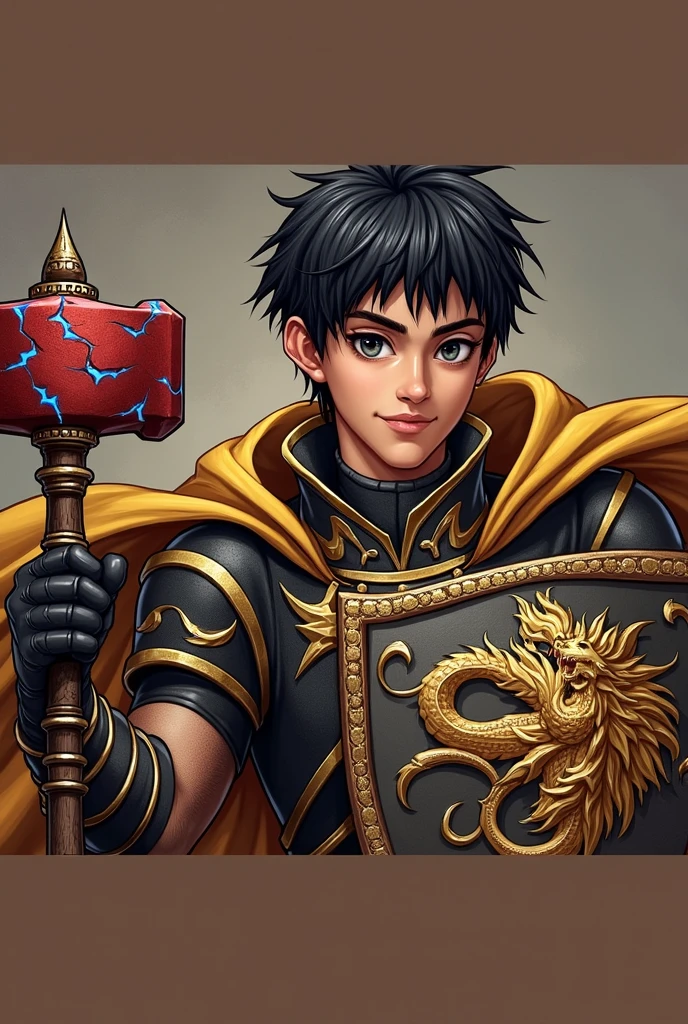 Create a character named Hiro Higure. He is a paladin from dnd. He has an emblem that is composed of gold flames shaped like a dragon which is on his bronze-colored shield. Hiro has short and spiked black hair, obsidian eyes, and ebony skin. He has black armor with gold trimming and has a scarlet warhammer with blue radiant cracks the top of the hammer. Hiro also has a golden cape with the same emblem as the shield as well. He also has a heroic smile. Draw him in the style of Baldur’s Gate 3.
