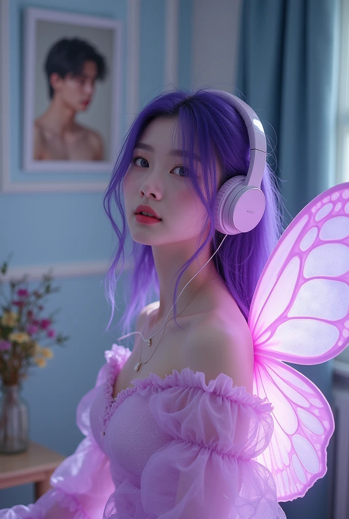 Mulher borboleta de cabelo roxo coreana com fone de ouvido e roupa 👗Shiny lilac pink, half transparent in a summer house with a photo of a beautiful man