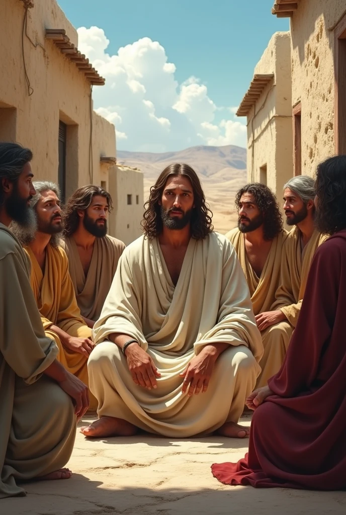 Jesus In nazareth with his disciples having a peaceful time.
