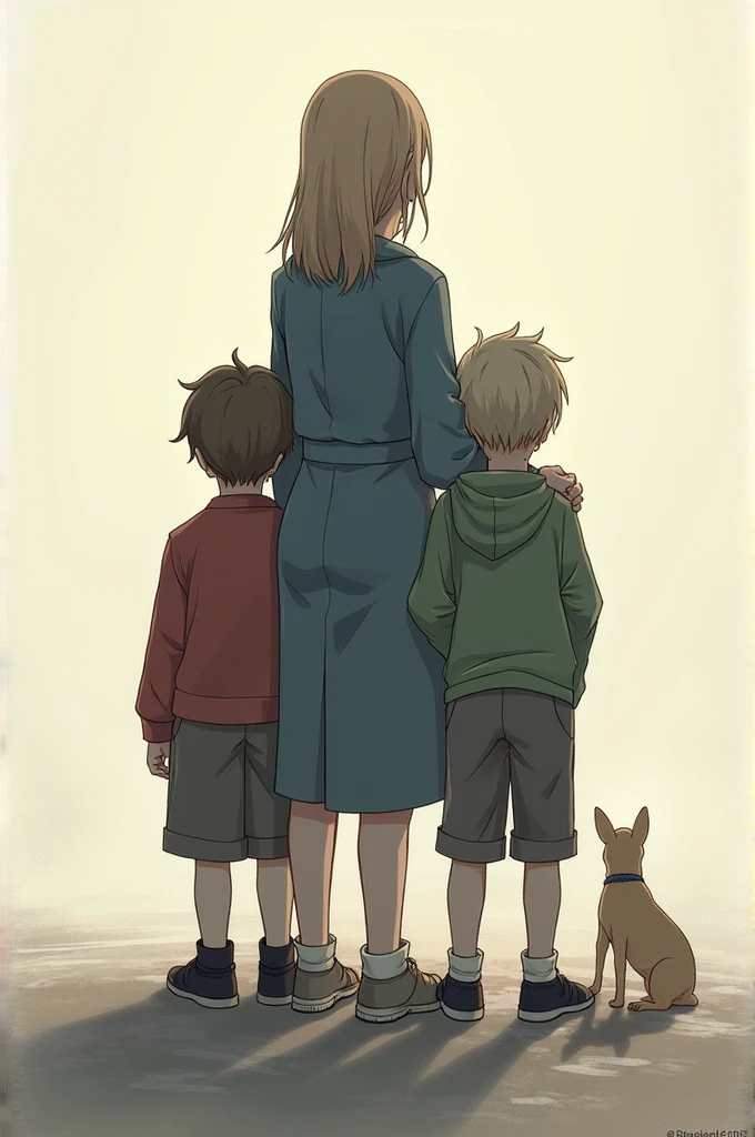 Two boys with their backs turned, one female and the other male