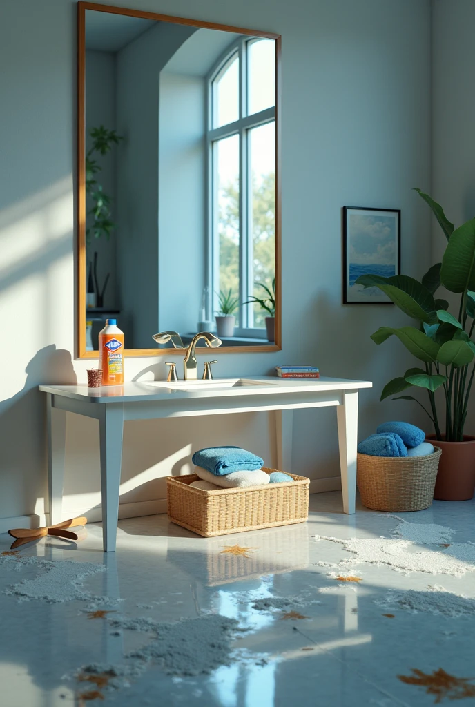 Create a high-quality digital artwork that visually illustrates the concept of paradoxical cleanliness. The scene is set in a modern, well-lit room with a large, elegant mirror placed on the wall. The mirror reflects a table that appears impeccably clean and organized, with shiny surfaces and neatly arranged objects. However, when looking at the real table outside the mirror's reflection, it is visibly dirty and cluttered, with smudges, dust, and scattered items. The mirror creates a stark contrast between the clean and dirty realities.

A bottle of Clorox is subtly positioned near the mirror, almost blending into the scene, but its presence is significant enough to suggest that it has a role in the cleanliness seen in the reflection. The colors should emphasize the contrast, with the reflection being bright, clean, and vibrant, while the real world is dull and messy. The overall mood should evoke a sense of surprise and realization about the depth and effectiveness of Clorox in achieving true cleanliness.