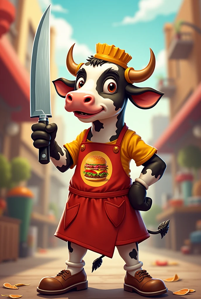 Burger mascot cow on knife
