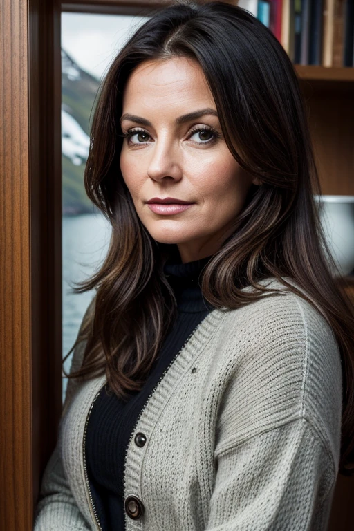 Medium view, of young aged, 1, milf, jane darling, woman, face portrait, sweater, black
leather jacket, in cozy fjord home,