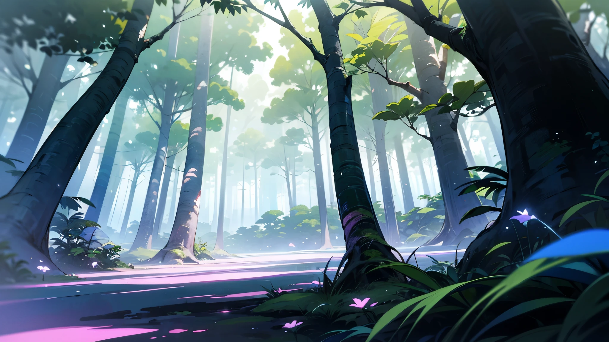 Magical forest, tropical forest, holy forest, white lighting tree, lush trees, masterpiece,