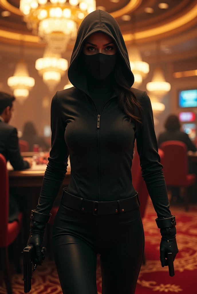 Scarlett Johnson qui porte une cagoule et qui porte des gants avec un pistolet et quei fait un braquage dans un casino pour ramasser des objets de valeur des otages 