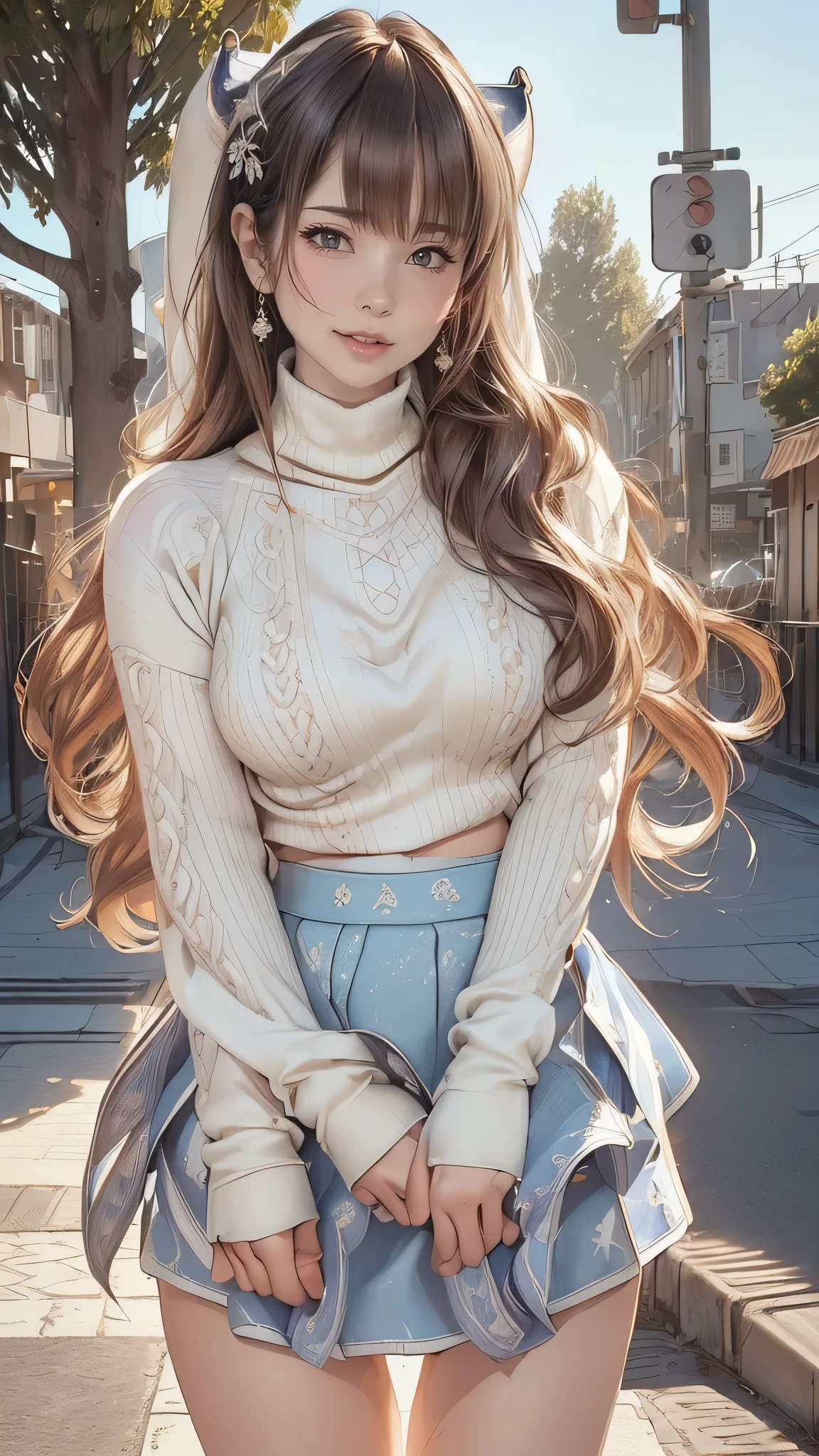 ((((highest quality))))、(((Ultra-precision CG16K wallpaper)))、(((masterpiece)))、(((Super detailed)))、(((Extreme detail)))、((1Mature 2 woman:1.6))、((Very beautiful Japanese faces))、((Yua Mikami:1.5))、((Soft wavy medium long hair、blunt bangs:1.5))、(Shiny brown hair)、Beautiful brown eyes、Clearly defined pupils、eyeliner、eye shadow、High nose、Small nostrils、Small Mouth、Seductive lips、Beautiful breasts、((C cup size breasts))、Cleavage、Beautiful feet、eight-headed body、Perfect proportions、Perfect Anatomy、Perfect composition、Beautiful detailed shading、Beautiful, natural lighting、Beautiful detail glow、Depth of written boundary、(((High chroma)))、(((Real:1.9)))、((vivid:1.5))、((Beautiful Skin))、((Skin Texture))、((Realistic skin feel))、(((Cowboy Shot:1.6)))、((Front view、shoot from front、Front low angle:1.6))、(((A surprised face with its mouth wide open:1.6)))、((The woman is looking at this、looking at viewer、Facing forward:1.6))、Bright daylight、Natural light、(((Sidewalk、street tree:1.5)))、(Fashion model pose:1.6)、(((Ivory cream high neck sweater、Light blue flared mini skirt:1.6)))、((Wearing earrings:1.3))、((Knee-high socks:1.5))、
