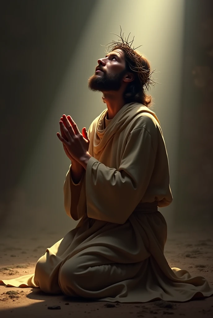 A depiction of Jesus Christ kneeling in prayer, wearing a crown of thorns. He is positioned on his knees, with his hands clasped in front of him, looking upwards as if seeking divine guidance. His expression reflects a deep sense of devotion and humility. The background is subdued, with soft lighting focusing on Jesus, casting a gentle glow around him. His robes are simple, in earthy tones, and the scene is serene and solemn, evoking a powerful sense of reverence and contemplation.