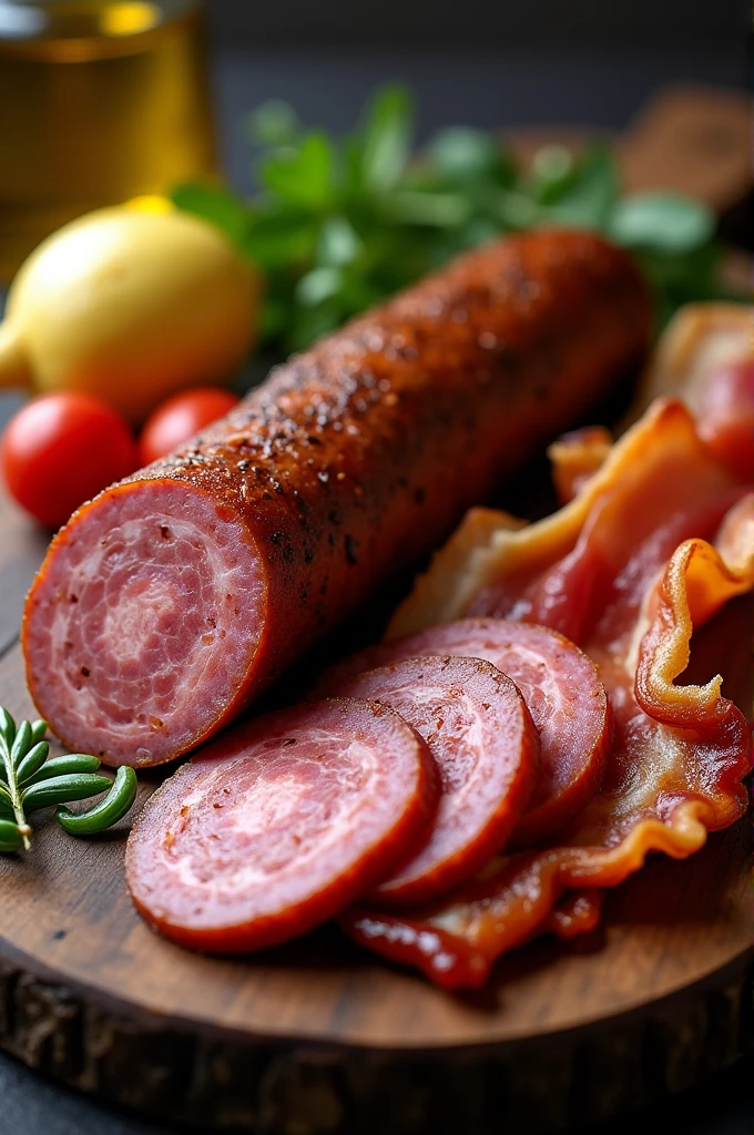 Smoked sausage and bacon, long aged, premium food