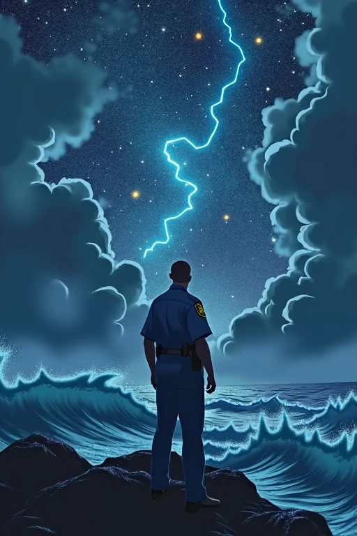 officer,starry night and cloudy sea