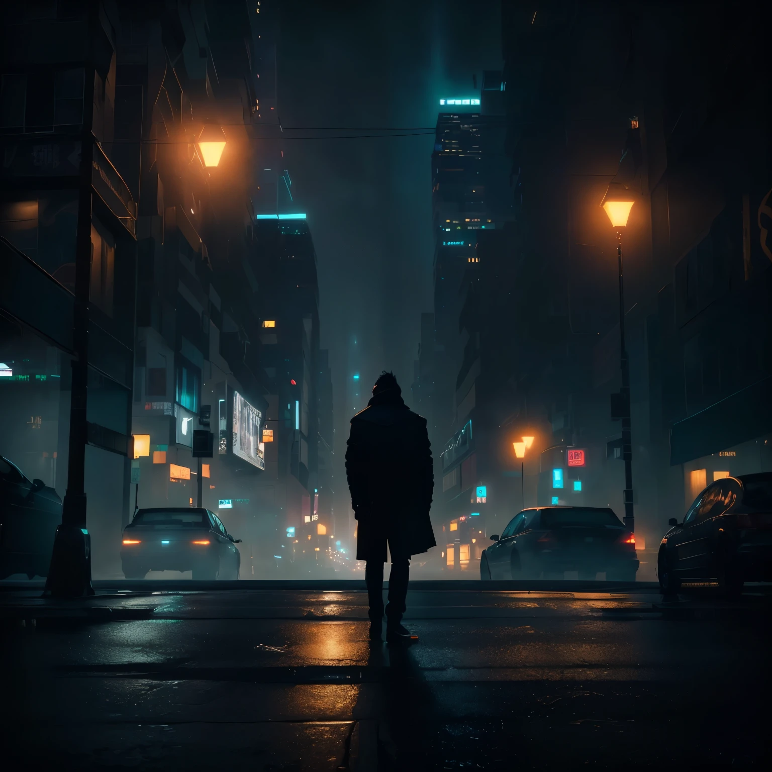 Night scene of a man standing on a city street at night, city street cinematic lighting, beautiful and cinematic lighting, cyberpunk streets at night, dark cinematic lighting, cyberpunk street at night, beautiful cinematic lighting, traversing a shadowy city, cyberpunk night street, moody cinematic lighting, great cinematic lighting, he is traversing a shadowy city, cinematic night lighting