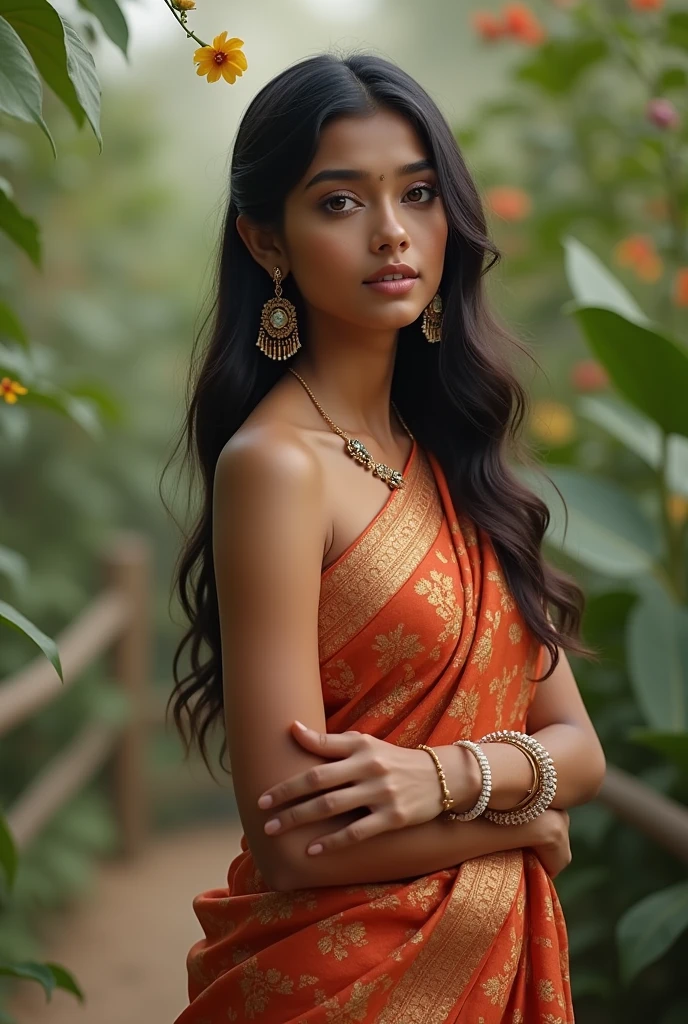 A girl in stylish saree wearing simple jewellery . Poses like a model