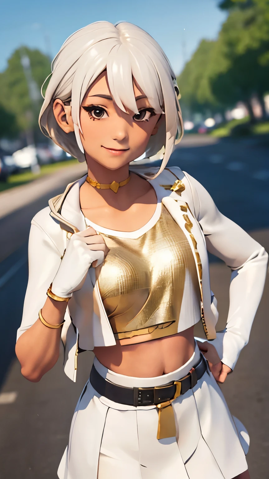 City background, 1girl, solo, AphroditeFN, Aphrodite from fortnite, dark-skinned female,  (crop top, gold top, open clothes), (jacket crop top, white jacket, jacket loose, one short sleeve, one long sleeve), fingerless gloves, white skirt, miniskirt, belt, white hair, short hair, lipsticks, smirk, heart, upper body, looking at viewer,