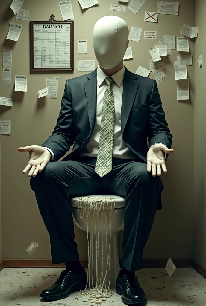 Concept: A large, faceless figure wearing a suit and tie, sitting in an executive office chair that doubles as a toilet. The figure’s tie is made of dollar bills, and its arms stretch out to an endless stream of emails and contracts flowing from its hands. A calendar with crossed-out days hangs above, indicating a life dominated by corporate deadlines.