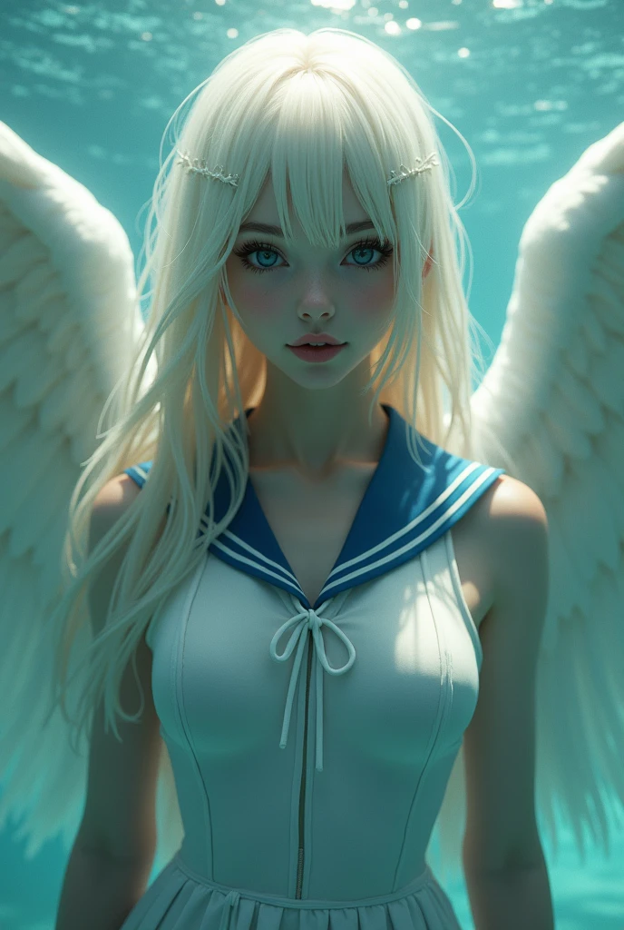 (look through:1.3),white seraph,sailor's dress, white theme,, sailor suit, I look at the viewer, madness, Dirty long hair, beautiful detailed eyes,Hair glows,Dramatic angle,blue sailor collar, firm breasts,slight smile,partially underwater shot...
