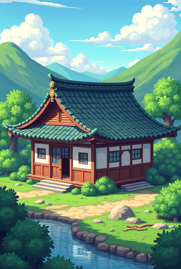 Japanese house in pixel art in pokemon style