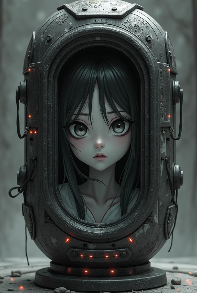 Anime girl with cyber tribal backgrounds, black and white, locked in a box