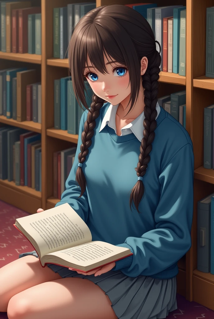 Realistic drawing of a 1 young woman, extremely beautiful, dark brown hair tied in two braids, very blue eyes, with a blue sweatshirt with a collar and a grey skirt, in a school library, reading a book,  sitting on the floor, realistic drawing 
