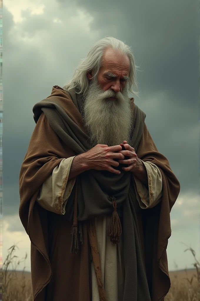 creates an image of an old man in biblical clothing. he tore his clothes because of the sadness he is feeling and looking at the sky.