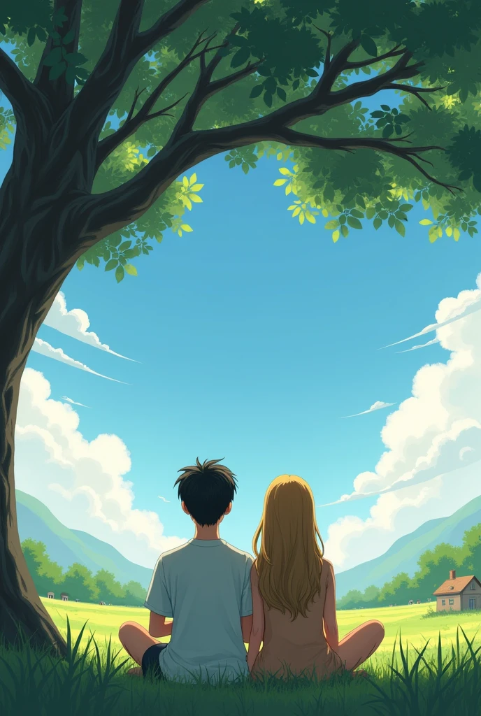 Two young people sitting under a tree watching the sky