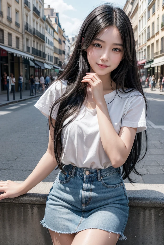 1 girl,(semi-long black hair)(cute hair), 女優, ssmile, shining skin, best qualityer, work of art, (photorrealistic:1.4), terrace seating, europe, France, paris, Denim mini skirt (Realistic fabric), white short sleeves (Cotton Factory), (No logo), Fine Fingers
