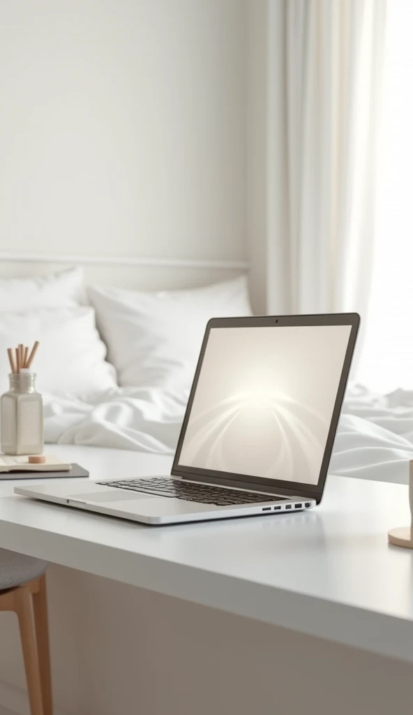 A desk with a laptop in a room and white sheets next to it.