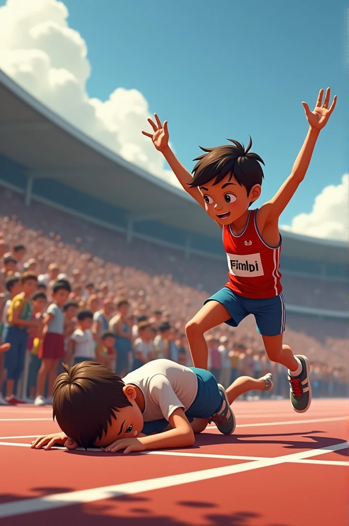 Finidh line is very close to him but A boy who fall down before it. On the other hand people rais up the winner but no body in that place to hold up hand of the boys who fall down