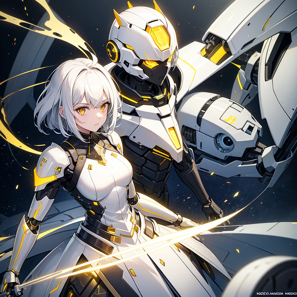 A short, white-haired woman with glowing golden eyes, she is wearing a helmet and a futuristic, robotic outfit