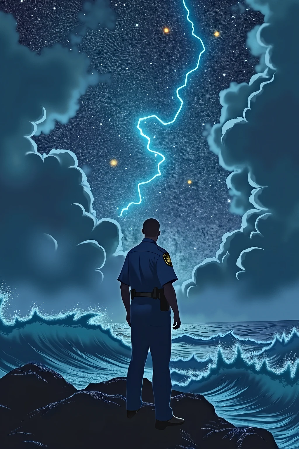 officer,starry night and cloudy sea