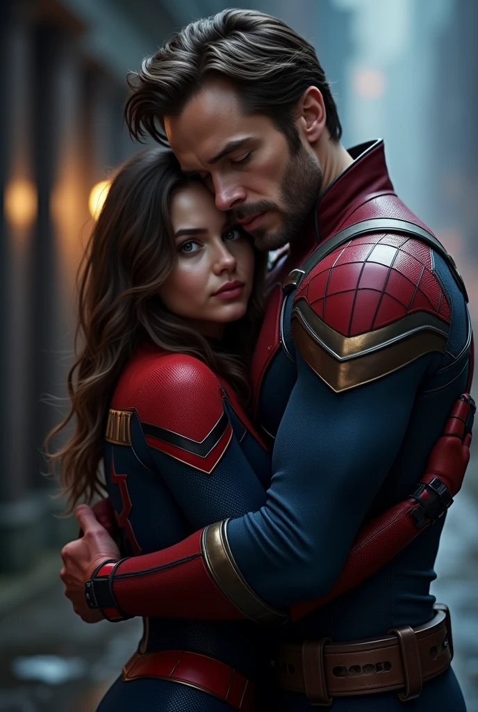Sebastian stan in bucky barnes costume hugging younger woman with brown hair and brown green eyes in Spiderman costume