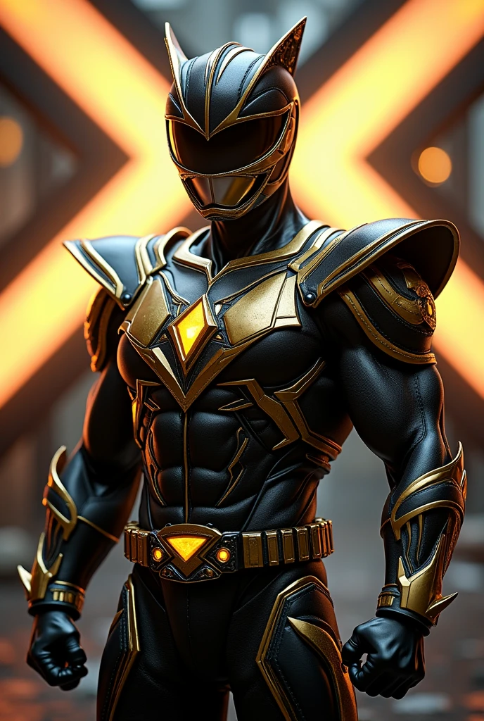 Generate a black power ranger with golden details but very realistic and with the acronym “XBR” in the background