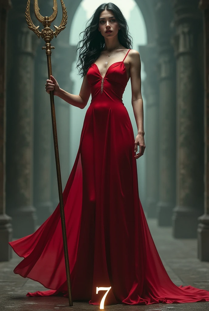 Image of white woman with slightly curly black hair wearing a red dress with a Trident in her hand and the number 7 discreetly in front of her