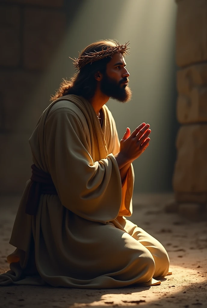 A depiction of Jesus Christ kneeling in prayer, wearing a crown of thorns. He is positioned on his knees, with his hands clasped in front of him, looking upwards as if seeking divine guidance. His expression reflects a deep sense of devotion and humility. The background is subdued, with soft lighting focusing on Jesus, casting a gentle glow around him. His robes are simple, in earthy tones, and the scene is serene and solemn, evoking a powerful sense of reverence and contemplation.