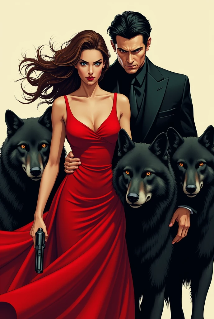 Woman in red dress with brown hair and brown eyes with a gun, Next to her four black wolves and next to a man with black hair and green eyes holding a gun and wearing a suit 