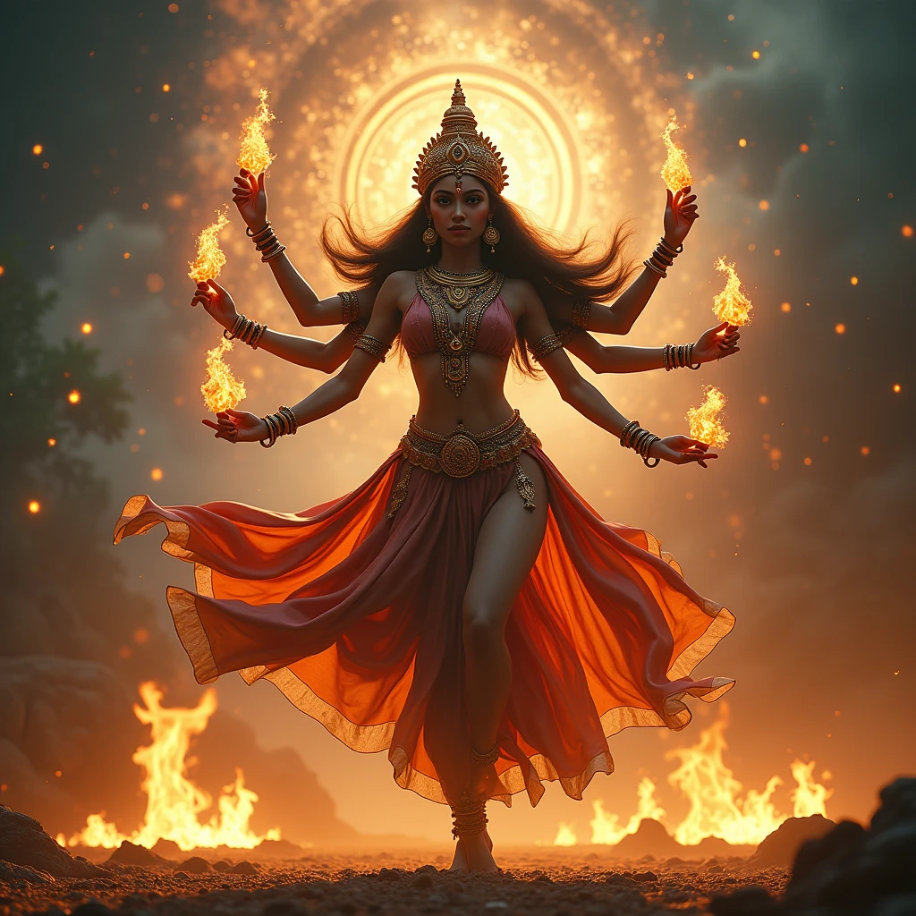 cinematic image of a majestic, multi-armed Hindu goddess dancing amidst a mystical universe. goddess is adorned with intricately detailed jewelry,including ornate bracelets,anklets,and an elaborate headdress that glimmers with golden accents and precious stones.Each arm is gracefully positioned,with one hand holding a flaming torch,casting a warm,ethereal glow that illuminates the surrounding area.goddess 's attire consists of flowing,richly textured fabrics that swirl dynamically with the movement,showcasing intricate patterns and vibrant colors.The ground beneath the goddess is ablaze with mystical flames,adding an element of divine power and intensity to the sceneThe background features creation of universe.Rays of light filter through the canopy,creating a magical interplay of light and shadow.The overall atmosphere is one of awe and reverence,with a harmonious blend of sharp focus on the deity's intricate details and a dreamy,Universe backdrop that enhances the sense of mysticism and grandeur.cinematic depth of field,sharp focus,shallow,filmic f/22 aperture, Arri Alexa 35, with a film grain,Cinematic film still,color-graded,post-processed aesthetic,evoking the cinematic quality of 35mm film,razor-sharp,16k resolution,with precise,photorealistic details.