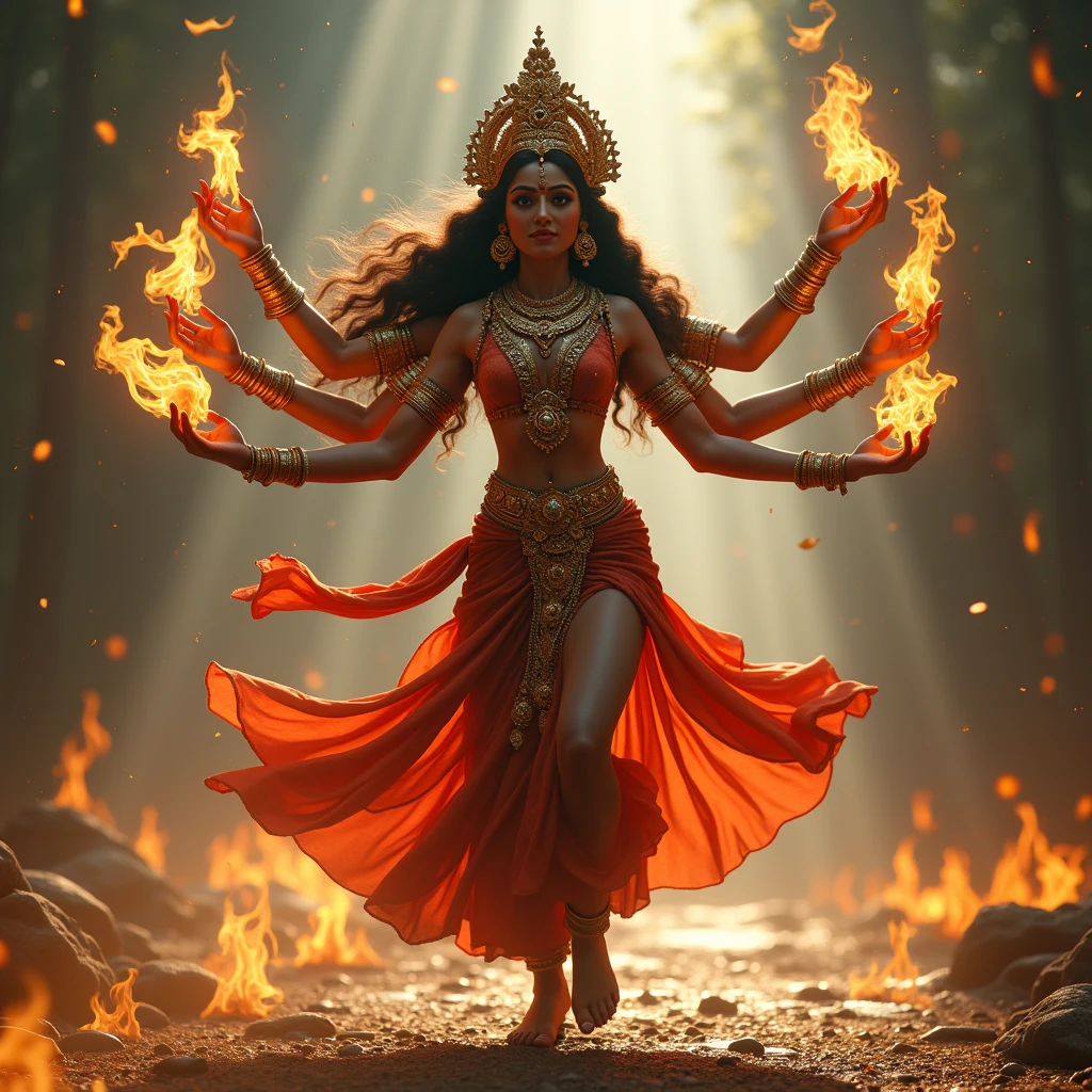 cinematic image of a majestic, multi-armed Hindu goddess dancing amidst a mystical universe. goddess is adorned with intricately detailed jewelry,including ornate bracelets,anklets,and an elaborate headdress that glimmers with golden accents and precious stones.Each arm is gracefully positioned,with one hand holding a flaming torch,casting a warm,ethereal glow that illuminates the surrounding area.goddess 's attire consists of flowing,richly textured fabrics that swirl dynamically with the movement,showcasing intricate patterns and vibrant colors.The ground beneath the goddess is ablaze with mystical flames,adding an element of divine power and intensity to the sceneThe background features creation of universe.Rays of light filter through the canopy,creating a magical interplay of light and shadow.The overall atmosphere is one of awe and reverence,with a harmonious blend of sharp focus on the deity's intricate details and a dreamy,Universe backdrop that enhances the sense of mysticism and grandeur.cinematic depth of field,sharp focus,shallow,filmic f/22 aperture, Arri Alexa 35, with a film grain,Cinematic film still,color-graded,post-processed aesthetic,evoking the cinematic quality of 35mm film,razor-sharp,16k resolution,with precise,photorealistic details.