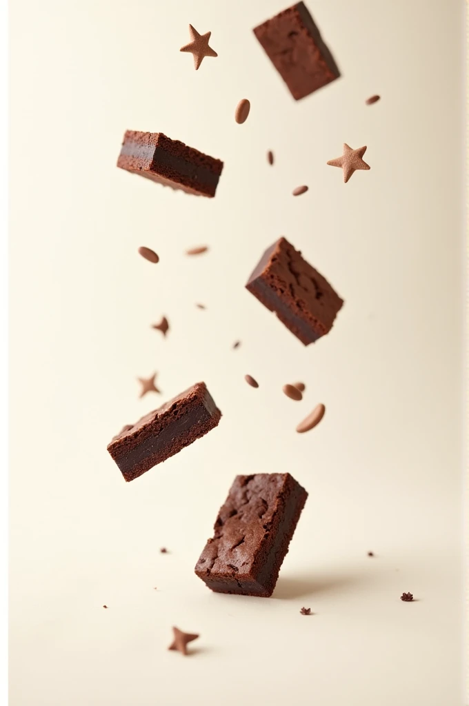 Make a clean, off-white background with some small brownies falling from the top of the image.