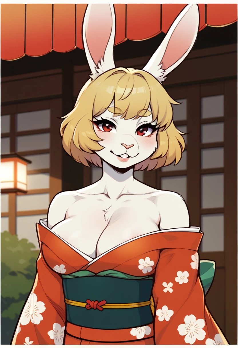 score_9, score_8_up, score_7_up, BREAK
Kimono_Wano_Carrot_ownwaifu,
1girl, blonde hair, rabbit girl, furry female, short hair, rabbit tail,  , rabbit ears, animal ears, collarbone, red eyes, white fur, animal nose, body fur, buck teeth, bangs, groin, white skin, 
japanese clothes, kimono, obi, sash, floral print, 
(portrait, head tilt, looking at viewer), straight-on,  white border, bokeh, solo,