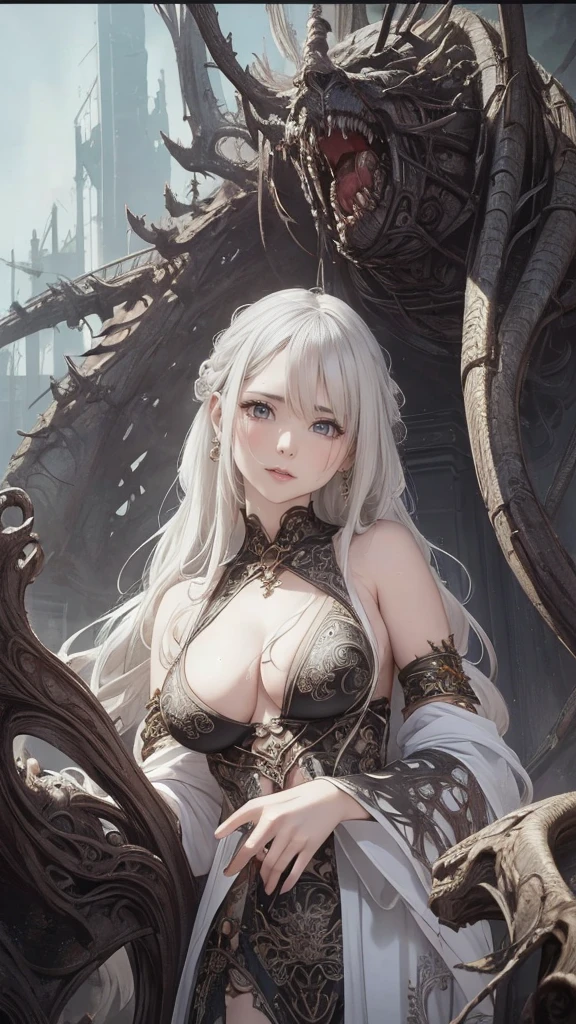 portrait, beautiful woman, white hair, ornate dress, (long hair in waves like smoke):0.85 , confident expression, detailed, 16k, sf, intricate artwork masterpiece, ominous, matte painting movie poster, golden ratio, trending on cgsociety, intricate, epic, trending on artstation, by artgerm, h. r. giger and beksinski, highly detailed, vibrant, production cinematic character render, ultra high quality model:1